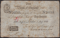 Bank of England, Henry Hase, £2, 1 August 1810, serial number 20781, printed date and serial number, manuscript...