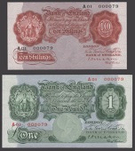 Bank of England, Cyril P. Mahon, Parchment Pair, 22 November 1928, serial number A01 000079, red-brown and green...
