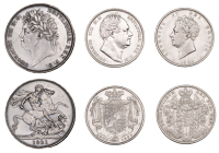 George IV, Crown, 1821, edge secundo, Halfcrown, 1826 (ESC 2310, 2375; S 3805, 3809); William IV, Halfcrown, 1834,...