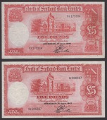 North of Scotland Bank Limited, £5 (2), 1 July 1944 and 1 July 1947, serial numbers CE173164 and DE026367, Webster...