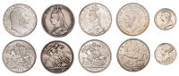 Victoria, Crowns (2), both 1887 (ESC 2585; S 3921); Edward VII, Crown, 1902 , edge ii (ESC 3560; S 3979); George V,...