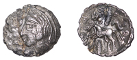British Iron Age, TRINOVANTES, Uninscribed issues, silver Unit, Duck Helmet type, helmeted head left, duckbill-like...