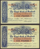 Royal Bank of Scotland, £5 (4), 1 April 1955, 30 April 1956 (2), and 1 March 1957, all prefix G, Ballantyne and...