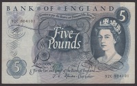 A small group of Bank of England notes, comprising Fforde, £5, prefix 92C, Page, £1, prefix ER67, and £5, prefix...