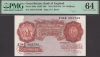 Bank of England, Percival S. Beale, 10 Shillings, 17 March 1950, serial number Z59Z 264799, in PMG holder 64, choice...