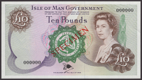 Isle of Man Government, W.Dawson, specimen £10, ND (1988), serial number 000000, specimen number 392, red SPECIMEN...