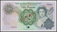 Isle of Man Government, W.Dawson, specimen £50, ND (1983), serial number 000000, specimen number 037, red SPECIMEN...