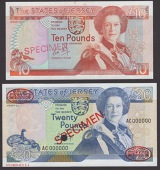 States of Jersey, specimen £10, ND (1989), no serial numbers, May signature, red handstamped SPECIMEN, and specimen...