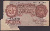 ERROR: Bank of England, Kenneth O. Peppiatt, 10 Shillings, 25 October 1948, serial number 49K 061089, with flap of...