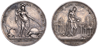 Jernegan’s Lottery, 1736, a silver medal by J.S. Tanner, Minerva standing between trophies and emblems of arts and...