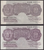 Bank of England, Kenneth O. Peppiatt, 10 Shillings (2), 2 April 1940, serial numbers A99D 330132 and Y81D 676850,...