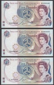 Isle of Man Government, J.Cashen, £5, (3) ND (1991), serial numbers K000046-7 and L607702, uncirculated, some nice...