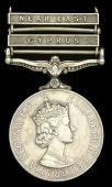 General Service 1918-62, 2 clasps, Cyprus, Near East, unofficial retaining rod between clasps (23102917 Pte J F...
