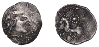 British Iron Age, ICENI, Uninscribed issues, silver Unit, Bury H Diadem type, female head right, sharply pointed...