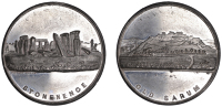 Old Sarum - Stonehenge, undated (1843), a white metal medal by Bennett Sarum, wooded and hilly landscape, rev. side...