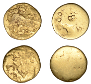 BRITISH IRON AGE, Ambiani, gold Quarter Stater, Broad Flan [Right] type, trace of flamboyant wreathed head right,...