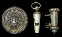 A Rifles Officer’s Whistle and Lion Head Boss.
A good example standard pattern silver Whistle, the case with leaf...