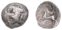 British Iron Age, ICENI, Uninscribed issues, silver Unit, Bury Diadem type, female head left, sharply pointed nose,...
