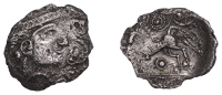 British Iron Age, ICENI, Uninscribed issues, silver Unit, Bury Diadem H type variety, female head right, sharply...