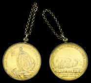 Alexander Davison’s Medal for The Nile 1798, bronze-gilt, unnamed, housed in a repurposed silver frame with glass...