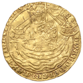 Edward III (1327-1377), Pre-Treaty period, Noble, series E, mm. cross 2, reads dhi, annulet stops both sides, lis in...