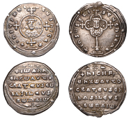 Nicephorus II (963-969), Miliaresion, 963-69, cross crosslet on globus above two steps, medallion of four lobes...