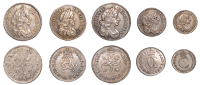 Charles II, ‘Maundy’ oddments, Fourpence (2), 1676, 1677, Threepence, 1677, Twopence, 1677, Penny 1673 (S 3384,...