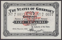 States of Guernsey, 5 Shillings, 25 March 1941, serial number A/F 0037, Marquand signature, a highly desirable low...