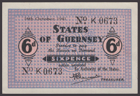 States of Guernsey, 6 Pence, 16 October 1941, serial number K0673, Marquand signature, corner fold thus about...