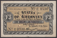 States of Guernsey, 1 Shilling and 3 Pence, 16 October 1941, serial number E0730,  Marquand signature, very fine...