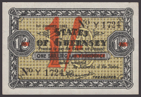 States of Guernsey, 1 Shilling on 1 Shilling and 3 Pence, 1 January 1943, serial number Y1724, good very fine 
GPM...