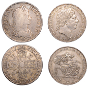 Charles II, Crown, 1662, first bust, rose below, edge undated (ESC 340; S 3350); George II, Crown, 1820, edge lx...