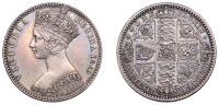 Victoria (1837-1901), Florin, 1849, with initials (ESC 2815; S 3890). Marks in field behind the queen’s head,...