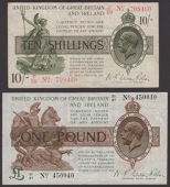 Treasury Series, Warren Fisher, 10 Shillings, 30 September 1919, serial number F/29 708460, dash variety, and £1,...