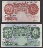 Bank of England, Basil G. Catterns, 10 Shillings, 15 July 1930, serial number K69 303735, and £1, 15 July 1930,...