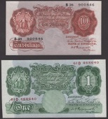 Bank of England, Kenneth O. Peppiatt, 10 Shillings, 5 October 1934, serial number B38 900846, and £1, 17 October...