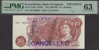 Bank of England, Jasper Q. Hollom, specimen 10 Shillings, 4 April 1963, serial number A00 000000, black SPECIMEN...