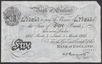 Bank of England, Kenneth O. Peppiatt, £5, Leeds, 5 March 1935, serial number T/214 77257, pressed very fine,...
