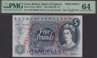 Bank of England, Jasper Q. Hollom, specimen £5, 21 February 1963, serial number A00 000000, red SPECIMEN overprints...