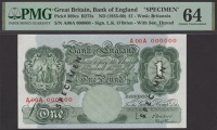 Bank of England, Leslie K. O’Brien, specimen £1, 21 November 1955, serial number A00A 000000, black SPECIMEN...