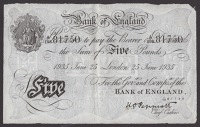Bank of England, Kenneth O. Peppiatt, Operation Bernhard, £5, London, 25 June 1935, serial number A/198 81750, 10...