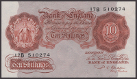 Bank of England, Percival S. Beale, 10 Shillings, 17 March 1950, serial number 17B 510274, totally original paper...