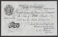 Bank of England, Leslie K. O’Brien, 10 Shillings, 21 November 1955, serial number B14Z 605004, £1 (2), 21...