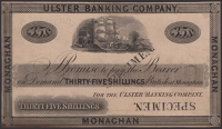 Ulster Banking Company, uniface proof on card 35 shillings, Monaghan, ND (c.1836-50), without serial number or...