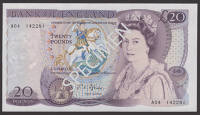 Bank of England, John S. Fforde, £20, 9 July 1970, serial number A04 142281, watermark showing curiously embossed...