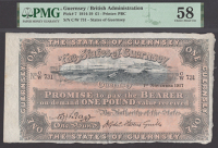 States of Guernsey, £1, 1 November 1917, serial number C/W 731, Le Page and Stevens-Guille signatures, in PMG...