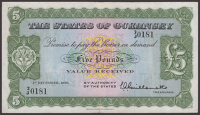 States of Guernsey, £5, 1 December 1956, serial number 2/J 0181, Guillemette signature, small tear in lower margin...