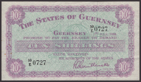 States of Guernsey, 10 Shillings, 1 July 1958, serial number 10/E 0727, Guillemette signature, a few spots at left,...