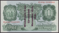 Bank of England, Kenneth O. Peppiatt, Guernsey Overprint, £1, 1941, serial number E03A 006868, with ‘Withdrawn...
