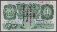 Bank of England, Kenneth O. Peppiatt, Guernsey Overprint, £1, 1941, serial number E15A 781679, with ‘Withdrawn...